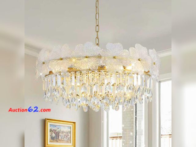 Lot 44-138 - $229.99 Retail price - Gold Crystal Chandelier Large 24" Modern Farmhosue Pendant Light Fixture for Dining Room with Flower Glass 5-Tier K9 ...
