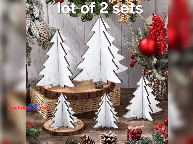 Lot 44-6553w - Lot of 2 Sets Libima 5 Pcs Rustic Christmas Decor 4 Size 3D Wooden Christmas Tree Appears New, A basic inspection has been given to this ite...