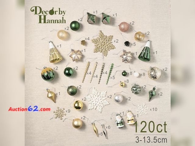 Lot 44-7497g - Decor by Hannah Christmas ornaments set, 120 ct shatterproof green gold Christmas tree ornament bulk with small tree and Santa Claus. Assort...