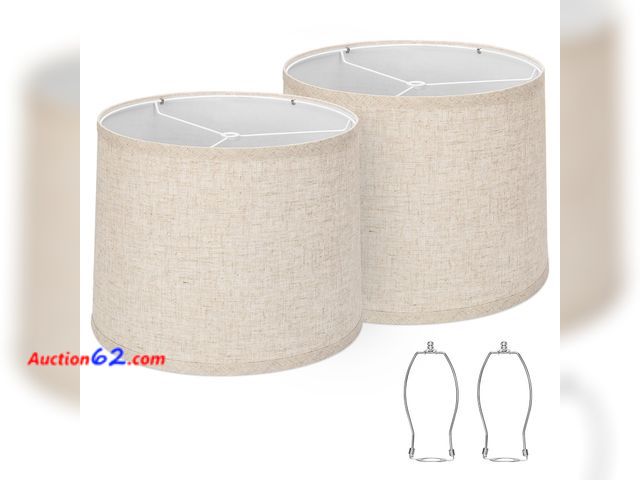 Lot 44-1598o - Lampshades Set of 2, Drum Lampshades 11.6" Top x 12.6" Bottom x 9.8" High, Seaside village Medium Lampshades (Spider Fitter), Beige Lampshad...