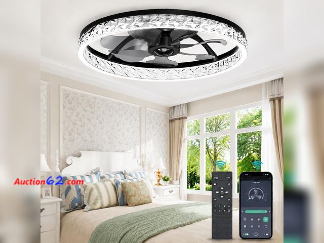 Lot 44-246a - Aphyni Crystal Ceiling Fans with Lights and Remote, 20" Low Profile Flush Mount Ceiling Fan with 7 Blades, 6 Speeds, 3CCT Dimmable LED Light...