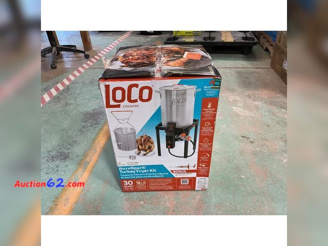 Lot 44-800f - $199 Retail price - LOCO Cookers SureSpark Turkey Fryer Kit - 30 Quart Pot, 18LB Turkey Not Tested E-Commerce Return, A basic inspection has...