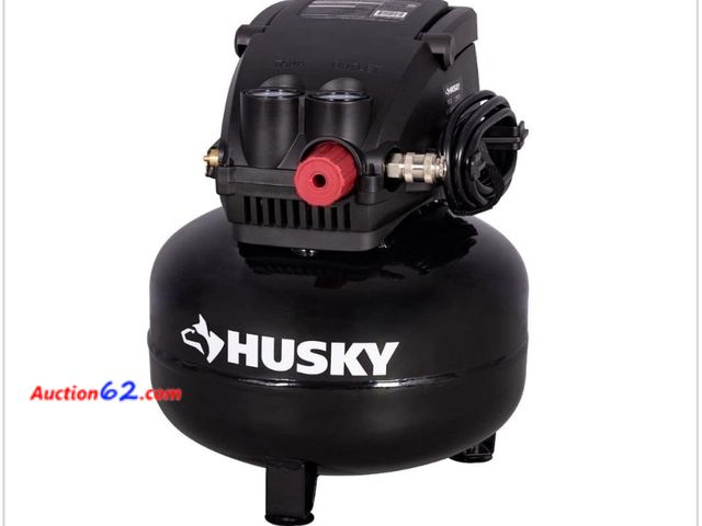 Lot 44-7143x - Husky 3 gallon 120 PSI portable electric oil-free light duty pancake air compressor with fold down handle and 1-quick coupler  Appears New, ...