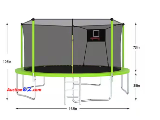 Lot 44-13p - $450 Retail value-14 ft. Outdoor Trampoline with Basketball Hoop, Enclosure Net and Ladder for Kids and Adults, Green Appears New, A basic i...