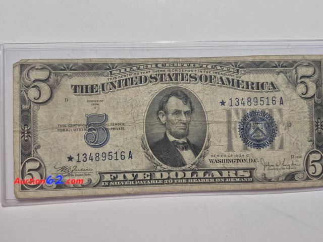 Lot 44-8304i - 1934 A $5 SILVER CERTIFICATE STAR NOTE. CIRCULATED. A STAR NOTE IS A REPLACEMENT NOTE FOR WHERE AN ERROR OCCURRED IN THE PRINTING. FROM BACK...