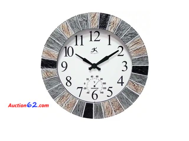 Lot 44-1120b - $43 Retail value- 13 in. Faux Slate Indoor-Outdoor Wall Clock with Built-In Thermometer 1. Appears New, A basic inspection has been given to...
