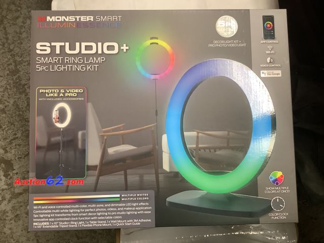 Lot 44-6017f - Monster Smart Studio+ Smart Ring Lamp, 5pc Lighting Kit, app control, Wi-Fi, voice control, Appears New, A basic inspection has been given t...