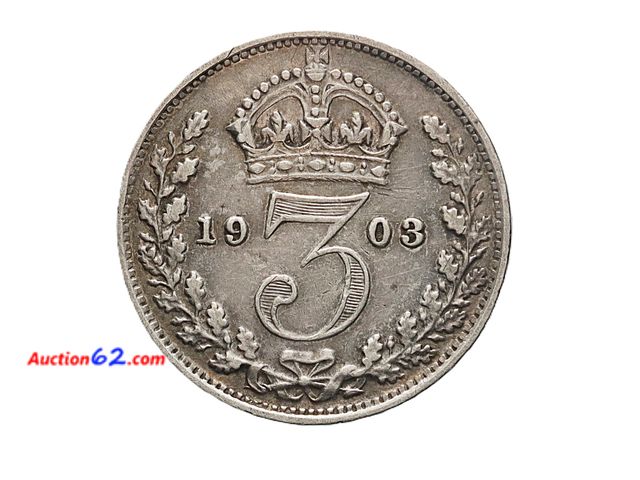 Lot 44-8328m - 1903 BRITAIN THREE PENCE SILVER COIN. HAS .0419 TROY OUNCES OF SILVER.-T