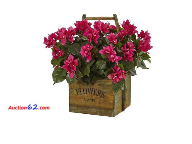 Lot 44-1104b - $59 Retail value- Artificial Indoor Bougainvillea Flowering Plant in Rustic Wood Planter 1. Appears New, A basic inspection has been given t...