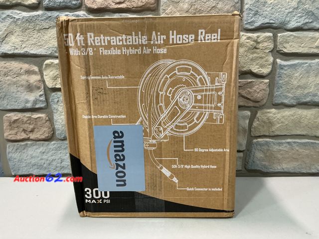 Lot 44-22b - $139.99 Retail price - AIRZILLA Premium Steel Retractable Air Hose Reel With Dual Arm, 3/8"x50Ft Hybrid Polymer Hose, Heavy Duty Air Hose Re...