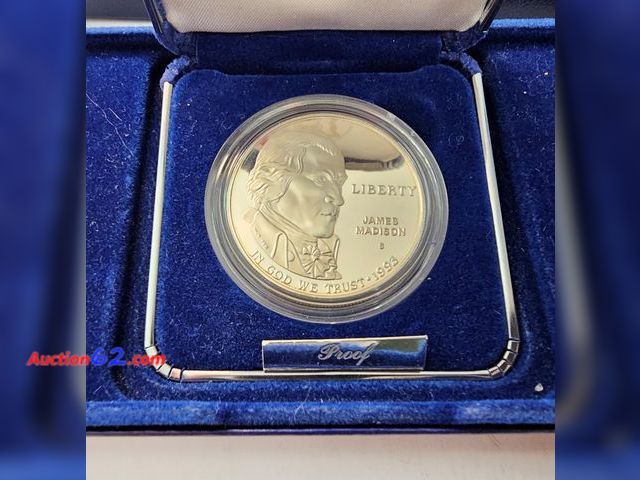 Lot 44-8318q - 1993 BILL OF RIGHTS/JAMES MADISON PROOF 90% SILVER DOLLAR. MINTED IN SAN FRANCISCO. COMES W/ORIGINAL BOX AND U.S. MINT COA. SILVER IS NOW OV...