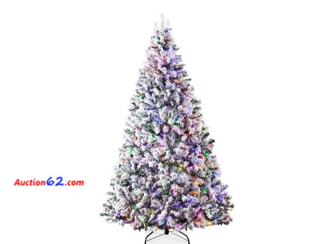 Lot 44-6982w - 6ft Pre-Lit Snow Flocked Artificial Pine Christmas Tree w/ Warm White and Multicolored Lights Appears New, A basic inspection has been given...