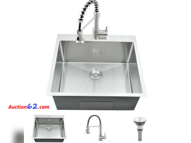 Lot 44-157 - $269.99 Retail price - WMXQX 25 Inch Drop In Utility Sink with Faucet, 25"x22"x12" Drop In Laundry Sink 16 Gauge Stainless Steel Utility Sin...
