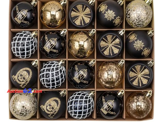 Lot 44-6810p - Halloween Tree Ornament Decorations Indoor, 20ct 2.36inch Black Gold Hanging Halloween Ornaments for Small Tree with Skull, Shatterproof Pla...
