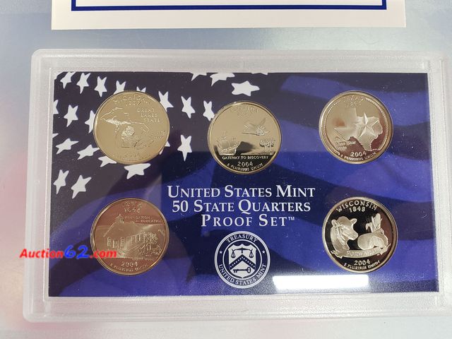 Lot 44-8537o - 2004 STATE QUARTER PROOF SET W/MICHIGAN, FLORIDA, TEXAS, IOWA AND WISCONSIN QUARTERS IN ORIGINAL US MINT PACKAGING. COMES W/CERTIFICATE OF A...
