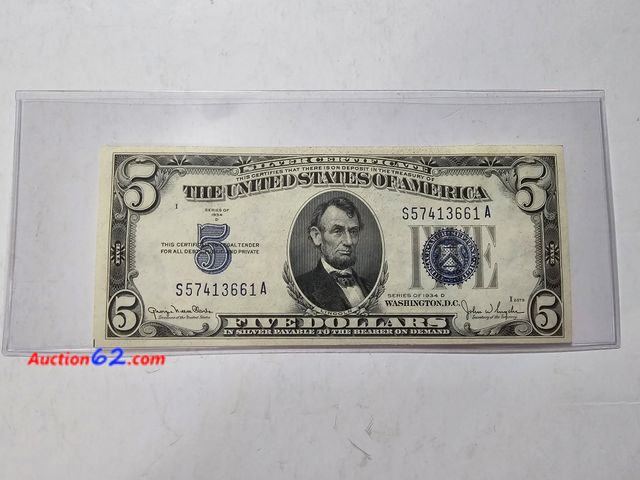 Lot 44-8347i - 1934D SERIES $5 SILVER CERTIFICATE. NICE, CRISP AND UNCIRCULATED. FROM BACK IN THE GOOD OLD DAYS WHEN THEY SAID "PAYABLE IN SILVER TO THE BE...