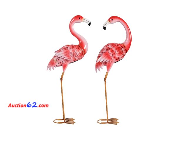 Lot 44-1762a - $89 Retail price - Evergreen Solar LED Flamingo Garden Statues  Handcrafted Metal Outdoor Yard Decor with Solar Lights  Pink Flamingo Pair (...