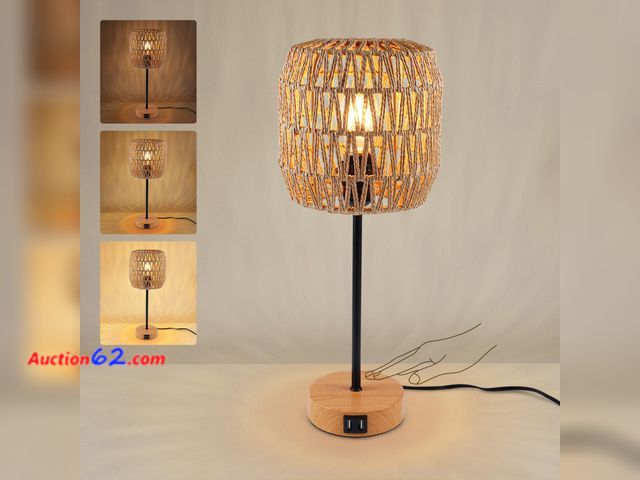 Lot 44-1948o - HYMELA N02 Boho Rattan Table Lamp Touch Control Dimmable Bedside Lamp with Plug-in Cord Woven Shade IImitation Wood Metal Base Farmhouse Nig...