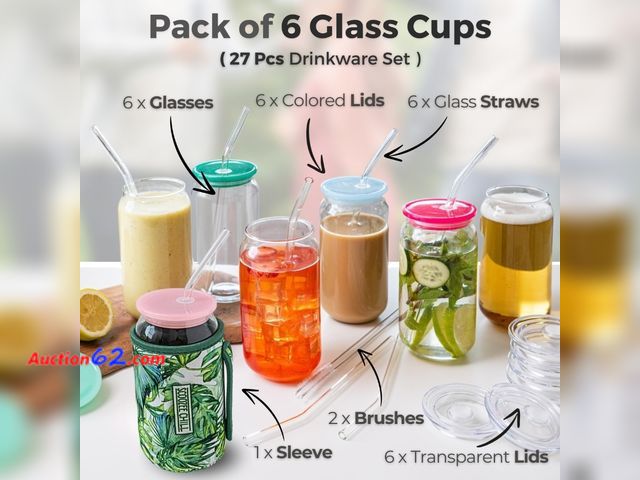 Lot 44-7494g - Scoozee glass cups with acrylic lids &amp; glass straws [27 pcs - 18 oz] Appears New, A basic inspection has been given to this item. Sold A...