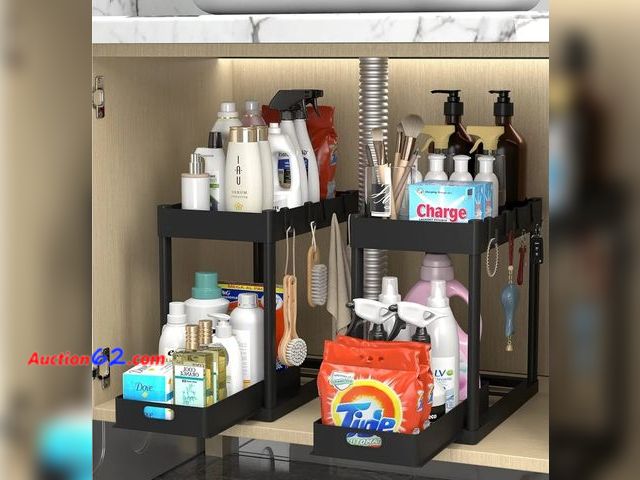 Lot 44-6932b - 2PC Under Sink Organizer Rack 2 Tier Under Sliding Cabinet Basket Organizer Drawer with 4 Hooks