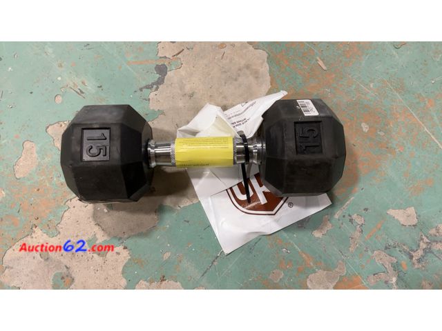 Lot 44-1762 - Hex Dumbbell 15lbs Black - All in Motion™: Rubber Coated, Chrome Handle, Single Piece Not Tested See All Photo's E-Commerce Return, A basic ...