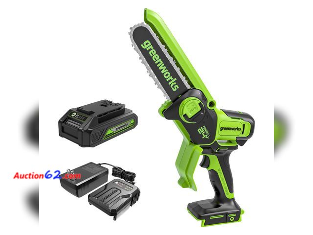 Lot 44-123p - Greenworks 24V 6" Mini Chainsaw Cordless , Small Cordless Handheld Saw, 2.0Ah Battery and Charger Included, for Tree Trimming Wood Cutting, ...