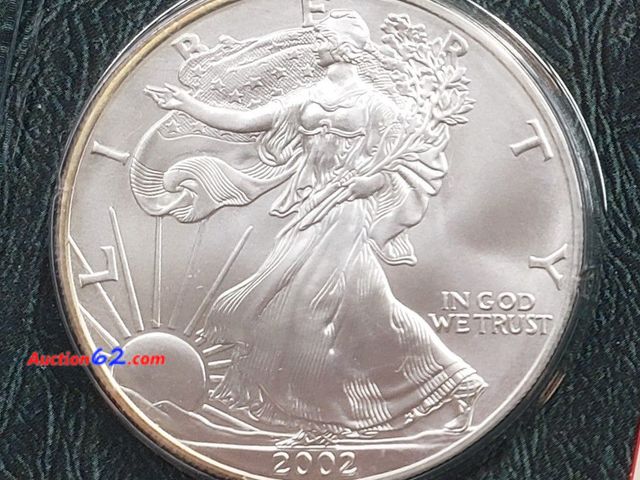 Lot 44-8355j - 2002 ONE OUNCE .999 FINE PURE SILVER AMERICAN EAGLE. STILL SEALED IN LITTLETON COIN CO PACKAGING!-NT