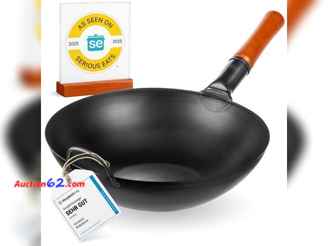 Lot 44-1982j - YOSUKATA 13.5" Carbon Steel Wok Pan – Pre-Seasoned Flat Bottom Pow Wok for Stir Fry, BBQ, Grill &amp; Camping – Traditional Japanese Chinese...