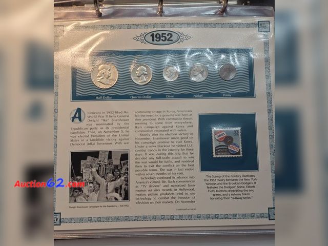 Lot 44-8321p - US COINS OF 1952 COMMEMORATIVE PAGE! COMES WITH A 1952-P 90% FRANKLIN HALF DOLLAR, 1952-P 90% SILVER WASHINGTON QUARTER, 1952-S 90% SILVER R...