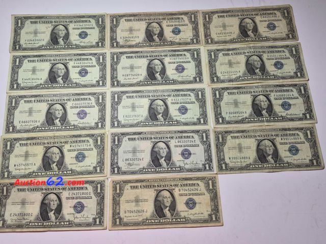 Lot 44-8328i - FOURTEEN (14) SILVER CERTIFICATES. SOME ARE NEAR UNCIRCULATED-NT