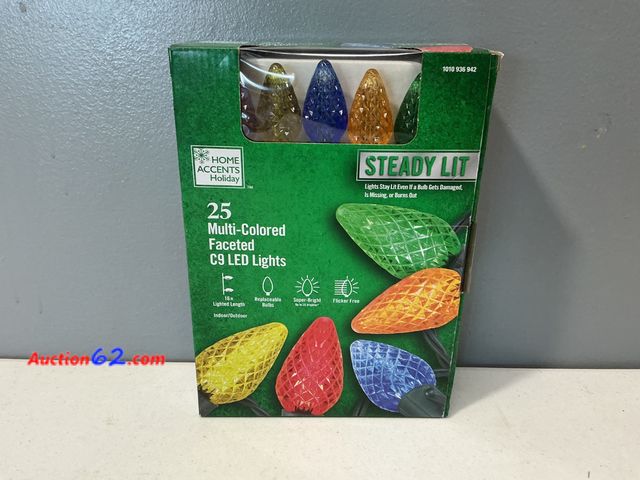 Lot 44-1676 - Home Accents Holiday 25 Multi-Colored Faceted C9 LED Lights, Steady Lit Not Tested See All Photo's Appears New, A basic inspection has been ...
