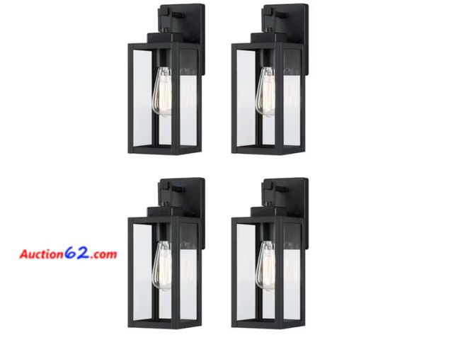 Lot 44-742b - Retail value $88- Bonanza 14 in. 1-Light Matte Black Outdoor Hardwired Wall Lantern Sconce with Clear Glass Shade, 1 x E26 (4-Pack) 1. Appea...