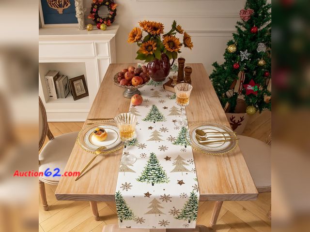 Lot 44-9080p - Vorysum Christmas Table Runner Beige Green - See Photos For Measurements  Appears New, A basic inspection has been given to this item. Sold ...