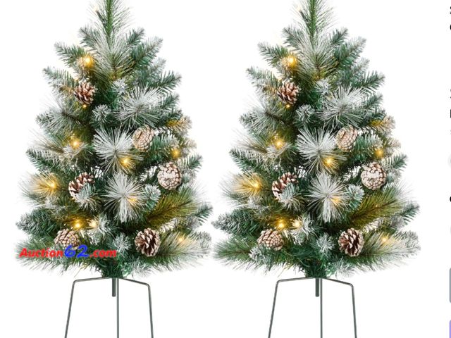 Lot 44-6927w - Set of 2 Pre-Lit Pathway Christmas Trees w/ Pine Cones, Timer - 24.5in Battery Operated, Multifunction Warm White and Multicolor Lights Appe...
