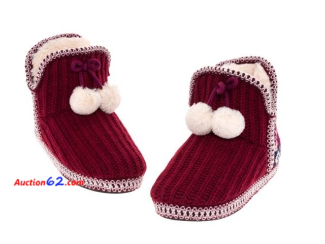 Lot 44-3071t - Size Large (9/10) - FUNZIEZ! by Silver Lilly - Knit Slipper Fuzzy Warm House Shoes - Burg/Grey (Large)- NEW - See Pictures Never opened, Fac...