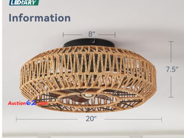 Lot 44-1651w - $150 Retail price - LEDIARY 20in Boho Ceiling Fans With Lights And Remote, Rattan Caged Ceiling Fan, Farmhouse Bamboo Flush Mount Ceiling Fa...