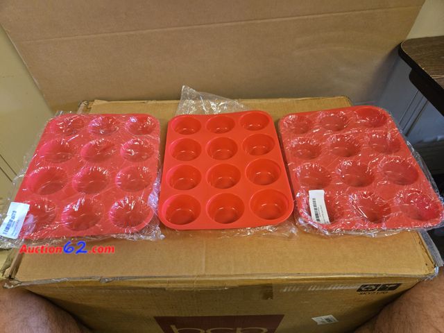 Lot 44-6885p - Lot of 3 Red Silicone Muffin Pans Appears New, A basic inspection has been given to this item. Sold AS-IS.