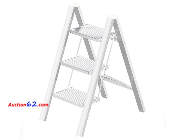 Lot 44-2558w - Aluminium 3 Step Ladder Folding Stool-330lb Capacity Ladders with Anti-Slip Wide Pedal Portable Kids/Adults, Lightweight Ladder, Portable Mu...