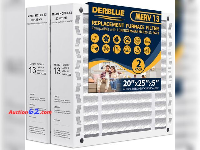 Lot 44-882 - DerBlue 2PCS 20x25x5 MERV 13 Furnace Filter Replacement Compatible with Lennox X6673 HCF20 Pleated HVAC,Foldable Design for Easy Installatio...