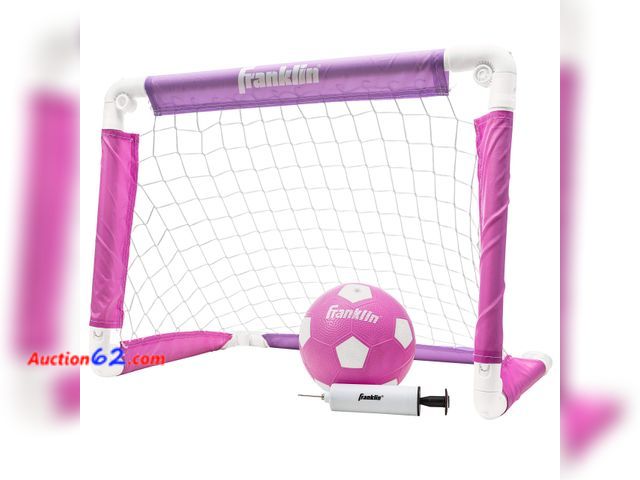 Lot 44-201m - Franklin Sports Kids Soccer Goal with Ball and Pump 24inch x 16inch Folding Goal Great for Backyard or Indoor Play Pink/Purple See All Photo...