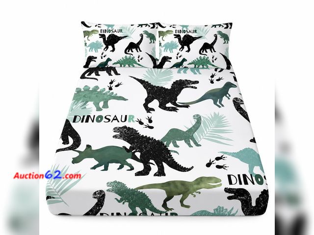 Lot 44-9133 - Retail of $37-AILONEN Full Kids Fitted Sheet Set,Black and Green Dinosaur Bed Sheet Set,Tropic Leaves and Roaring Dinosaur Silhouette Printe...