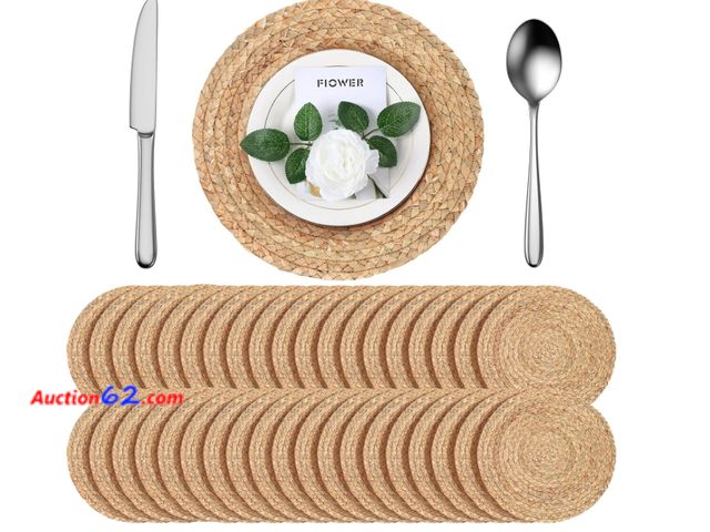Lot 44-1851e - 40 Pcs Round Placemats Bulk Plate Chargers Set 12 Inch Woven Placemat Rustic Braided Straw Rattan Charger Natural Water Hyacinth Place Mat f...