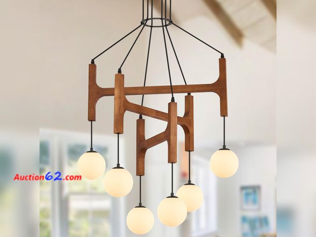 Lot 44-1617n - $218.99 Retail price - Farmhouse L28 '' Wooden Chandeliers with Milk Glass Globes Lampshades, Rustic Unique Mid Century Long 6-Light Pendant...