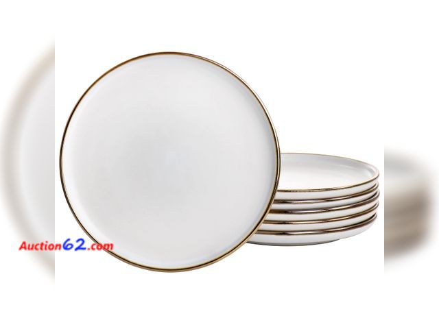 Lot 44-1167i - Elama Arthur 6 Piece Stoneware Salad Plate Set in Matt White with Gold Rim (Arthur Paul Salad), 6 Piece Set Appears New, A basic inspection ...