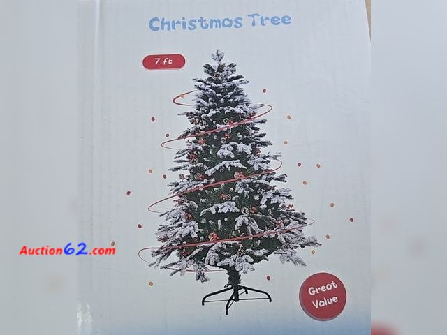 Lot 44-6951p - 7 Ft Artificial Christmas Tree Partial Snow Flocked with Pinecones Appears New, A basic inspection has been given to this item. Sold AS-IS.