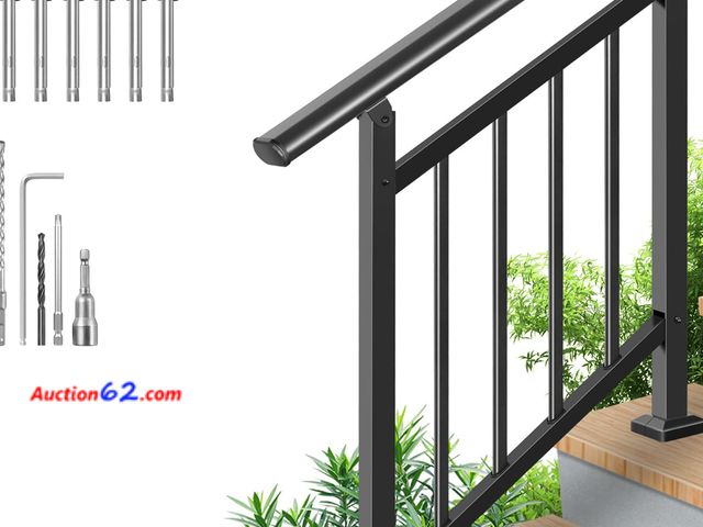 Lot 44-350M - Bobolish Upgrade 2 in 1 3 Step Stair&amp;Horizontal Handrails, Adjustable 40"x38" Stair Railing Kits, Black Wrought Iron Hand Rails for Outd...