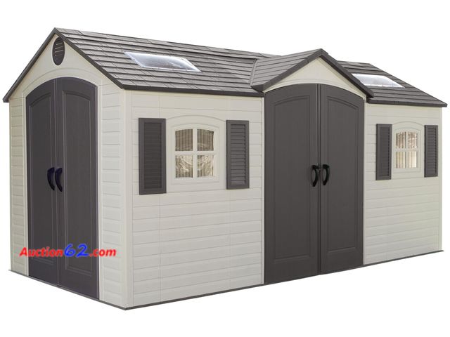 Lot 44-00t - $1882.65 Retail price - Lifetime 60079 Outdoor Storage Dual Entry Shed, 15 x 8 ft, Desert Sand Appears New, A basic inspection has been give...