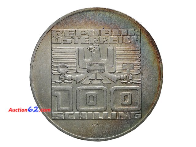 Lot 44-8311m - BEAUTIFUL TONED AUSTRIAN 1970's 100 SCHILLING 1100 YEAR COMMEMORATIVE SILVER COIN. HAS .4938 TROY OUNCES OF SILVER. BRILLIANT UNCIRCULATED.-...