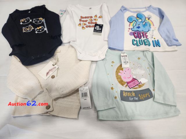Lot 44-3603m - 5 new 12 month tops with tags. 1 white 12 month onesie saying here for the candy. 1 black 12 month onesie, cats with gold bows and glasses. ...