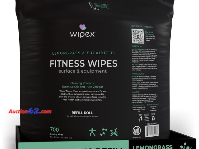 Lot 44-141o - Lot of (4) Wipex Gym Wipes for Equipment Cleaning - 700 Large 8"x12" Natural Fitness Wipes Refills for Dispensers - Made with Lemongrass, Eu...